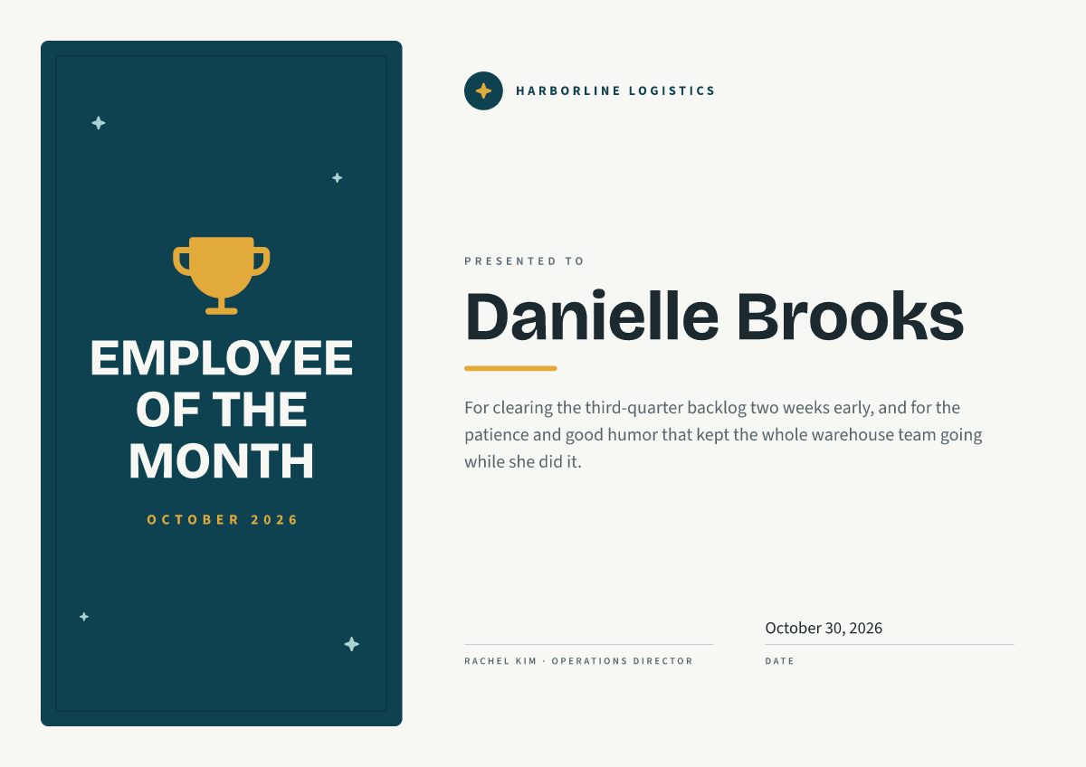 Front of the employee of the month certificate template