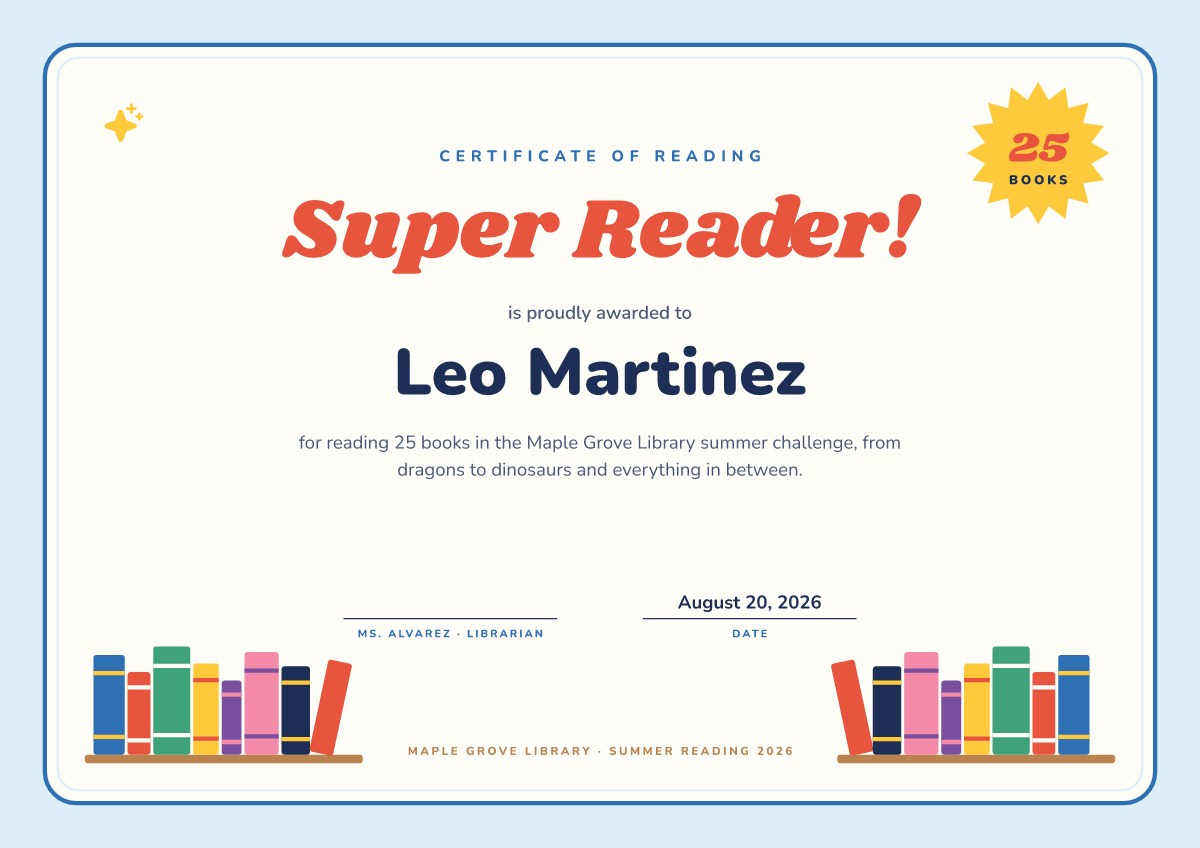 Front of the reading award certificate template
